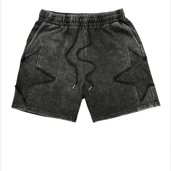 Men’s Unisex Star Twill Patch Pattern Black Acid Wash Drawstring Casual Shorts - Picture 1 of 2